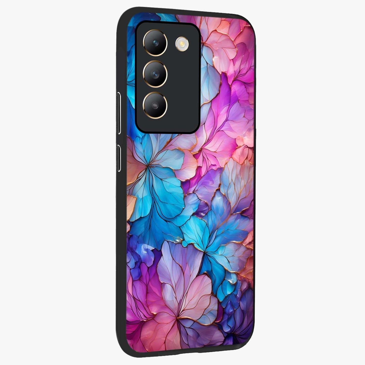 Radiant Floral Whirl Glass Case upright view showcasing lively floral artwork with decorative swirl theme.