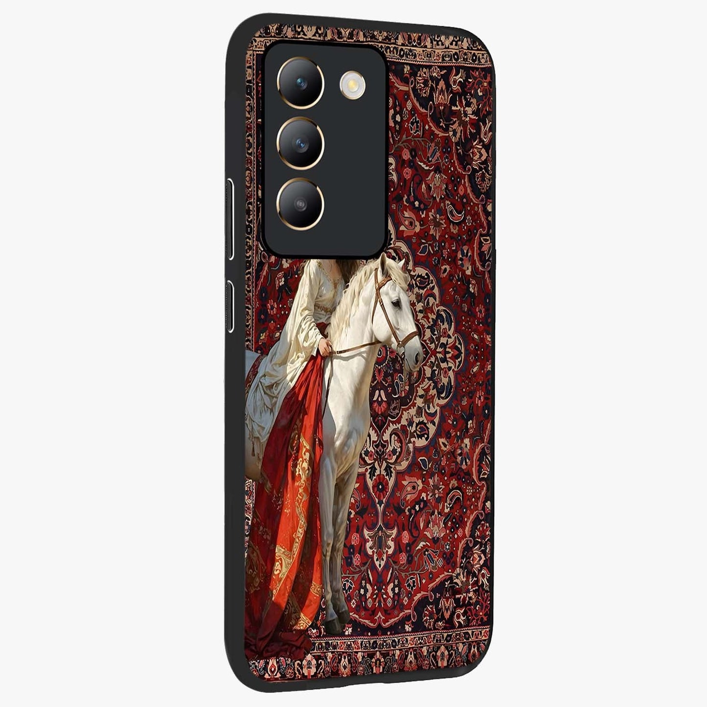 Royal Rider Tapestry Glass Case upright view showcasing detailed rider artwork with classic tapestry theme.