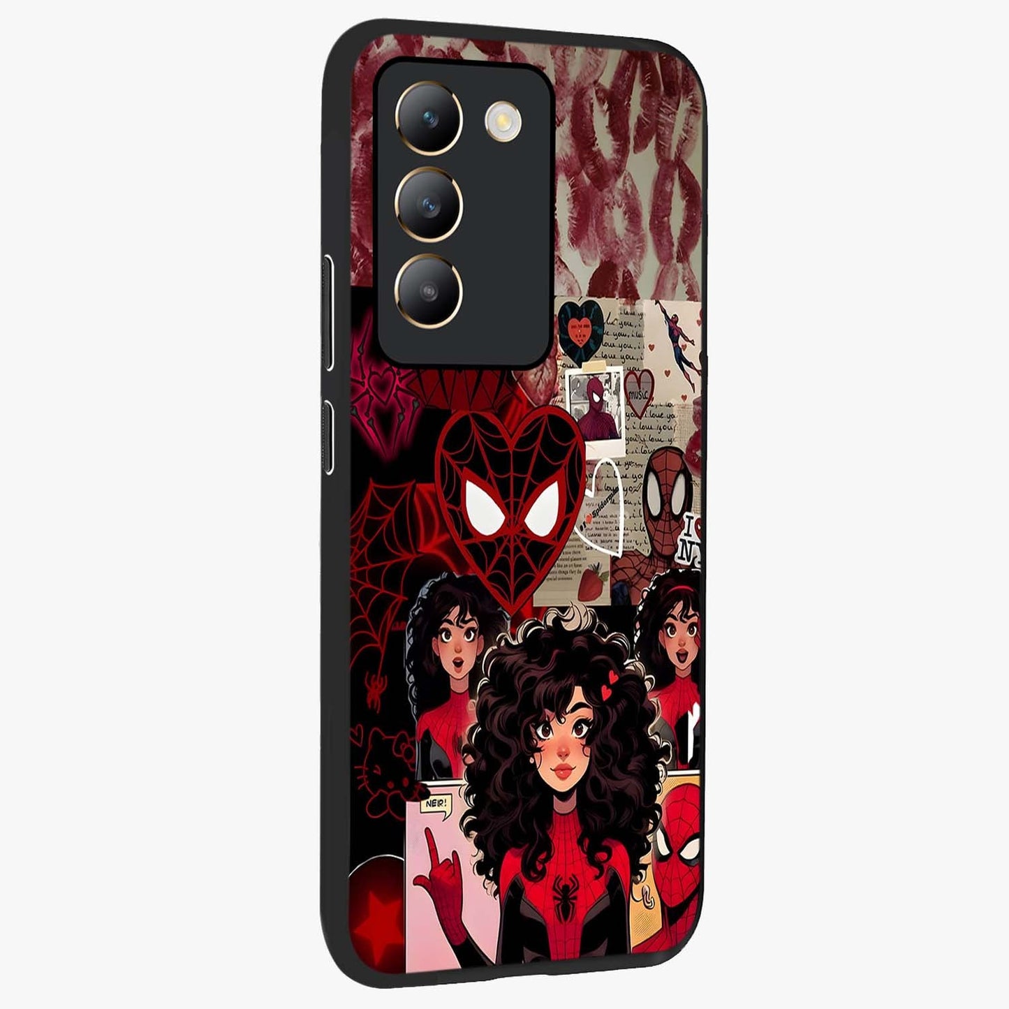 Spider Love Story Glass Case upright view showcasing charming superhero artwork with romantic comic theme.