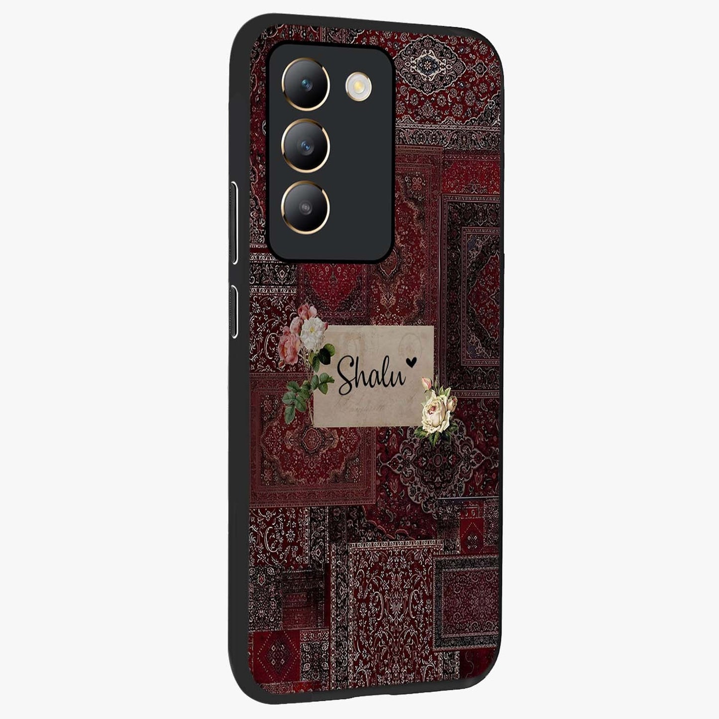 Velvet Wine Pattern Custom Name Glass Case upright view showcasing luxurious wine toned artwork with personalized aesthetic.
