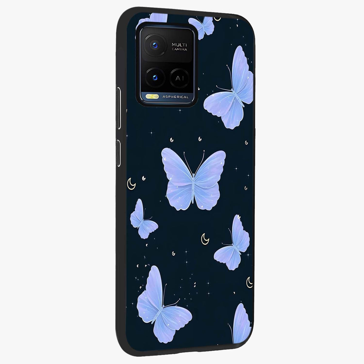 Butterfly With Stars Pattern Glass Case upright view showcasing celestial butterfly artwork with sparkling star elements.