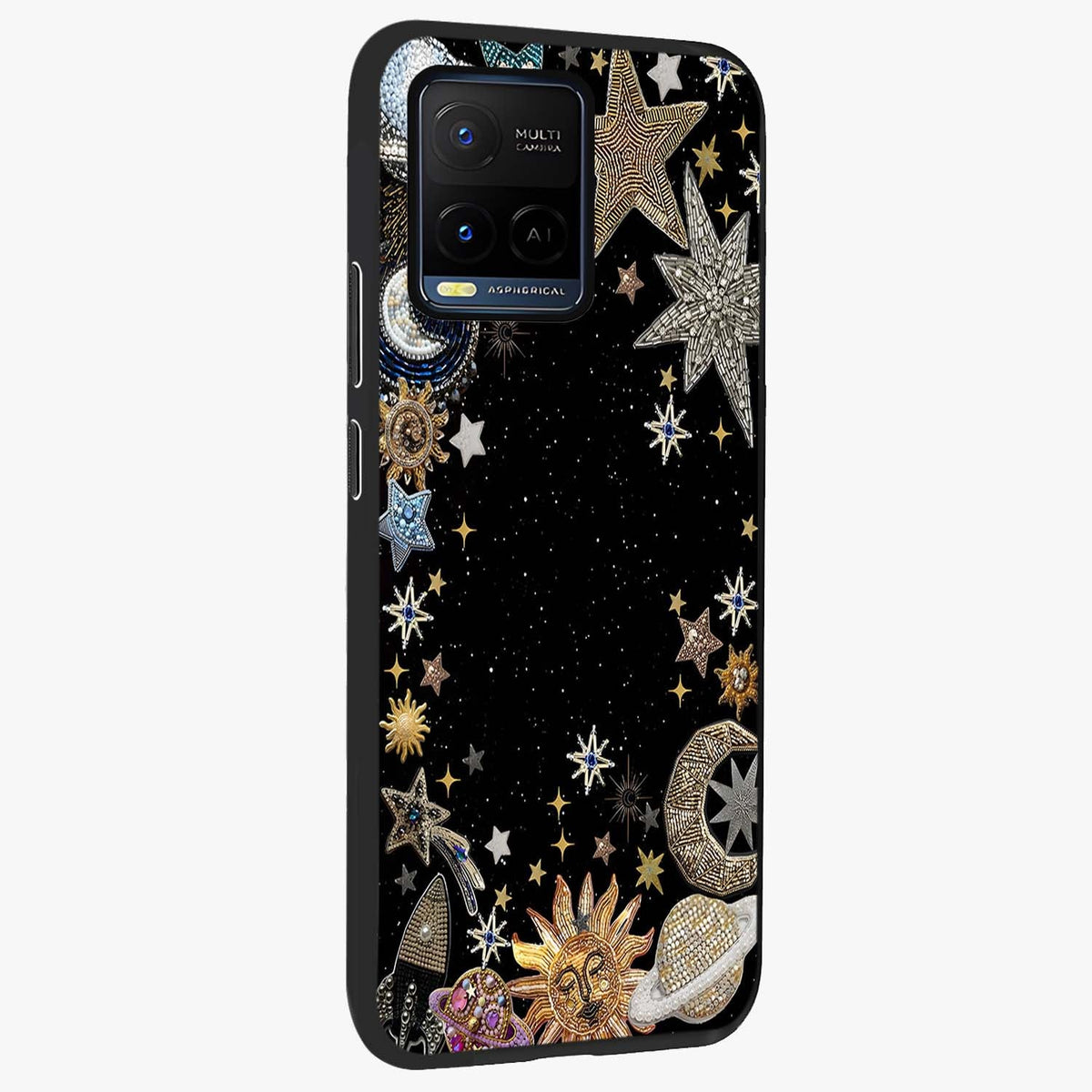 Galactic Jewel Stars Glass Case upright view showcasing glittering star jewel artwork with vibrant galaxy theme.