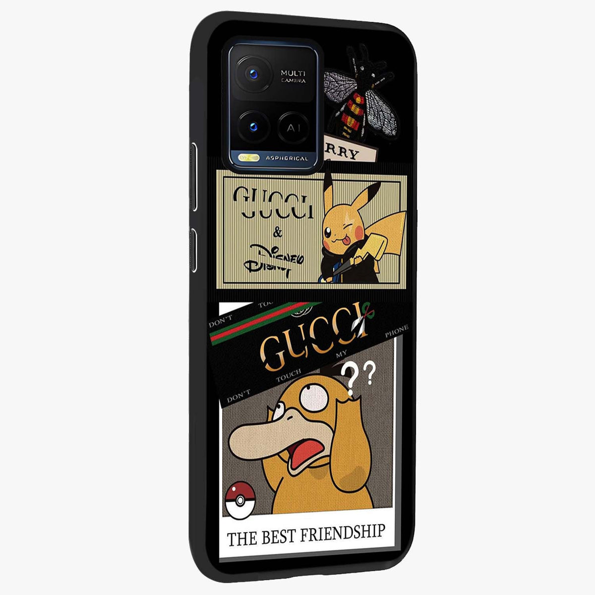 Gucci Play Mashup Glass Case upright view showcasing trendy luxury inspired artwork with modern fashion theme.