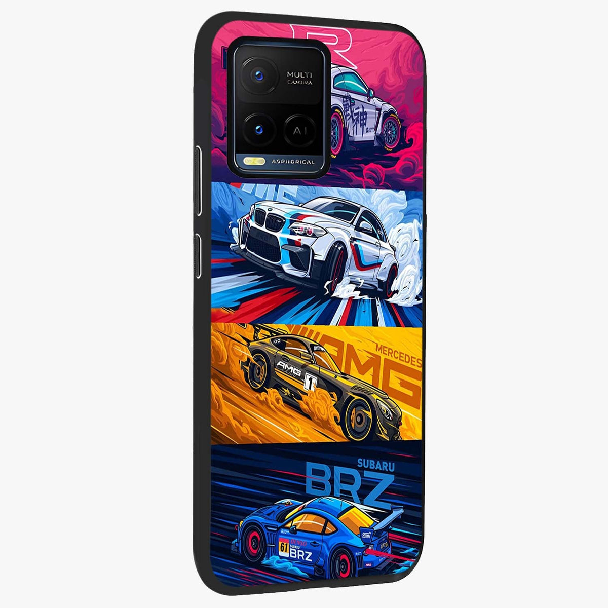 JDM Sports Car Glass Case upright view showcasing dynamic sports car artwork with bold racing theme.