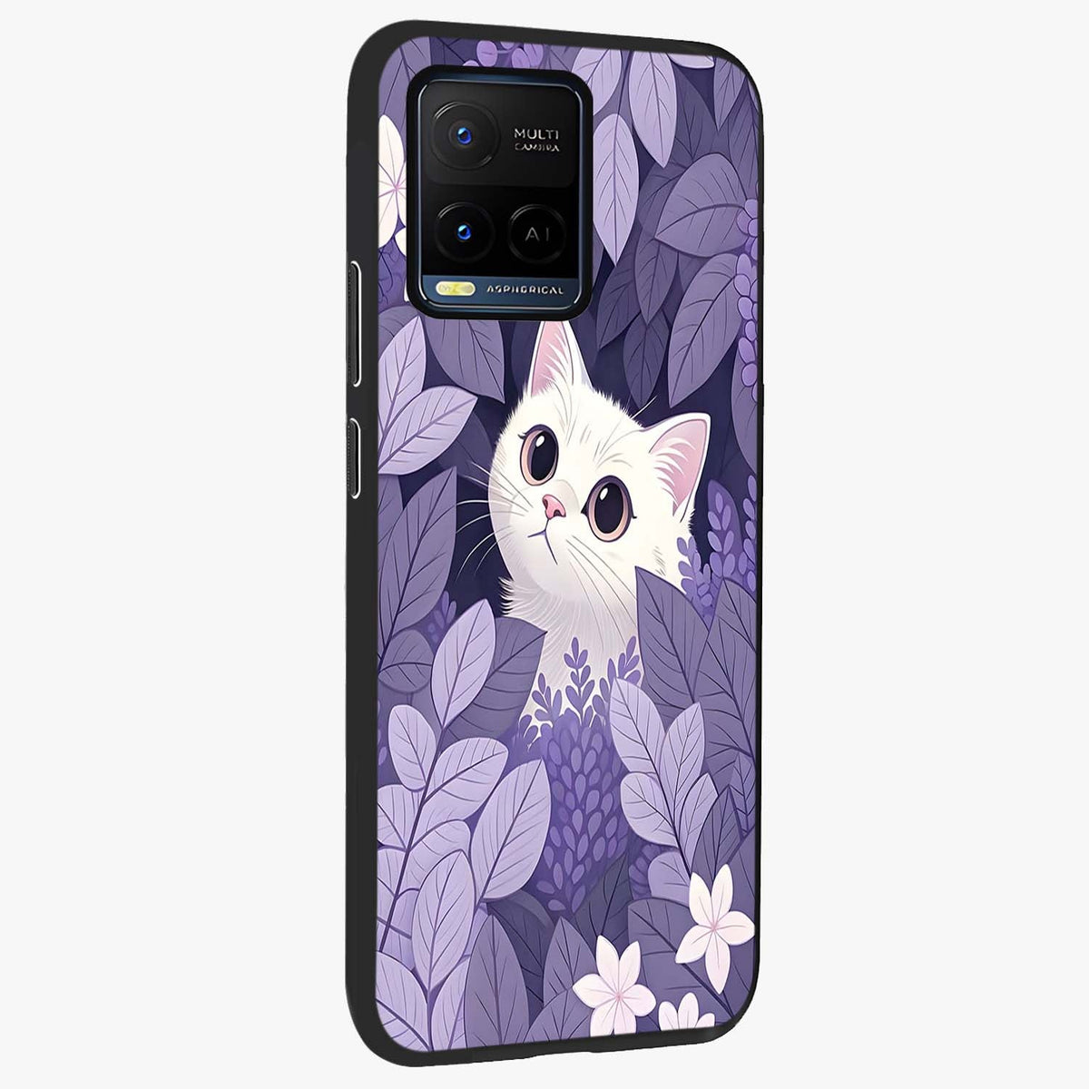 Lilac Hide Peek Cat Glass Case upright view showcasing charming cat artwork with adorable peek theme.