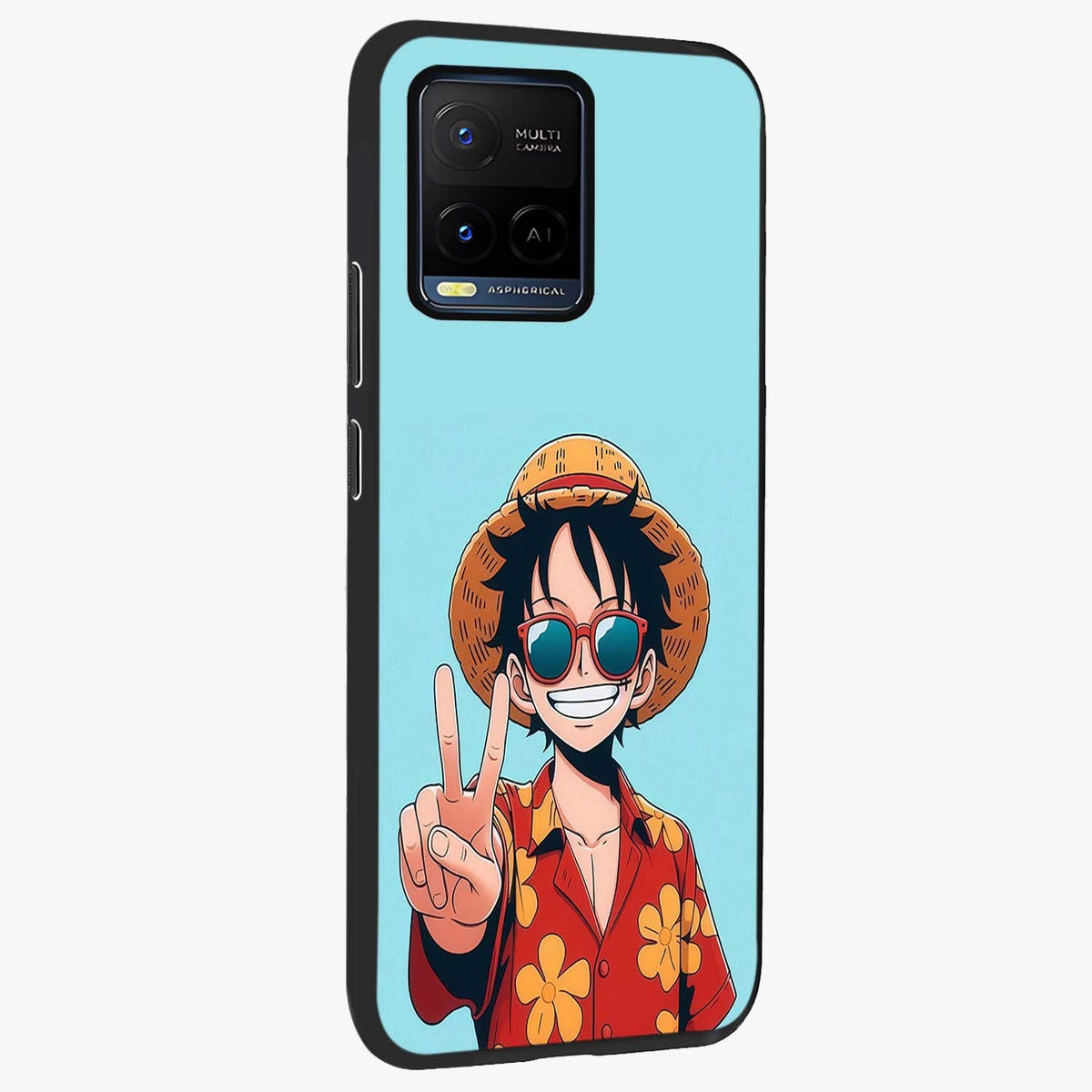 Luffy Summer Anime Vibe Glass Case upright view showcasing dynamic anime artwork with bright adventurous theme.