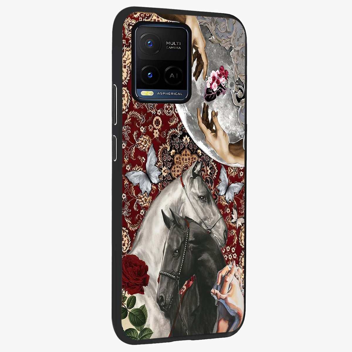 Moonlit Royal Stallion Glass Case upright view showcasing dramatic horse artwork with glowing moon themed design.