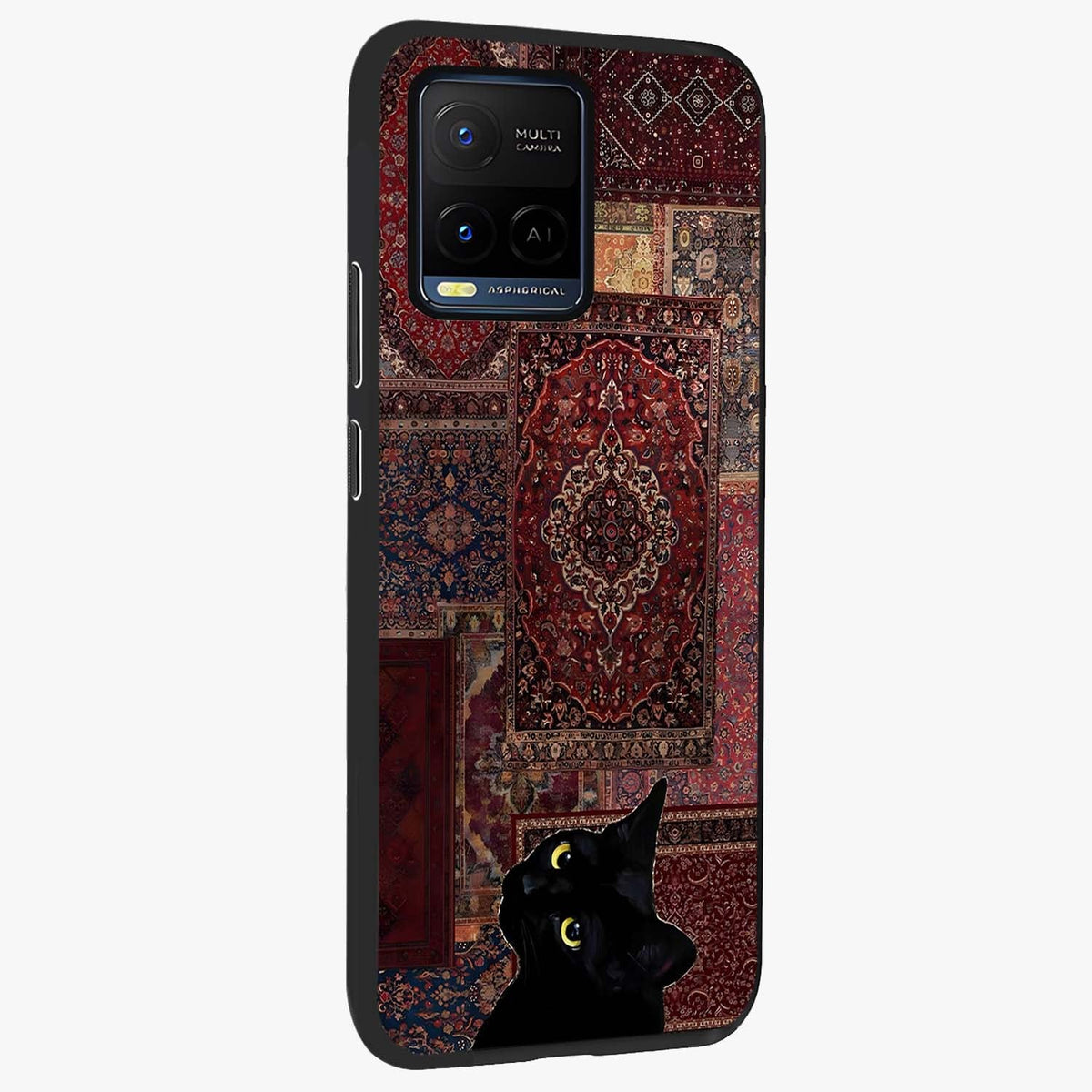 Regal Magic Cat Apple Glass Case upright view showcasing charming cat artwork with playful magical theme.