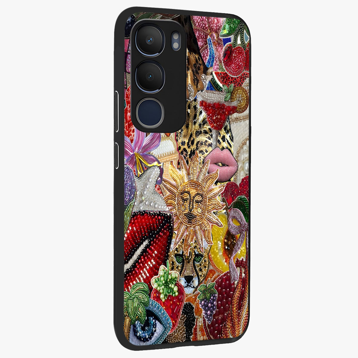 Beaded Fashion Jungle Glass Case upright view showcasing tropical jungle aesthetic with decorative bead elements.