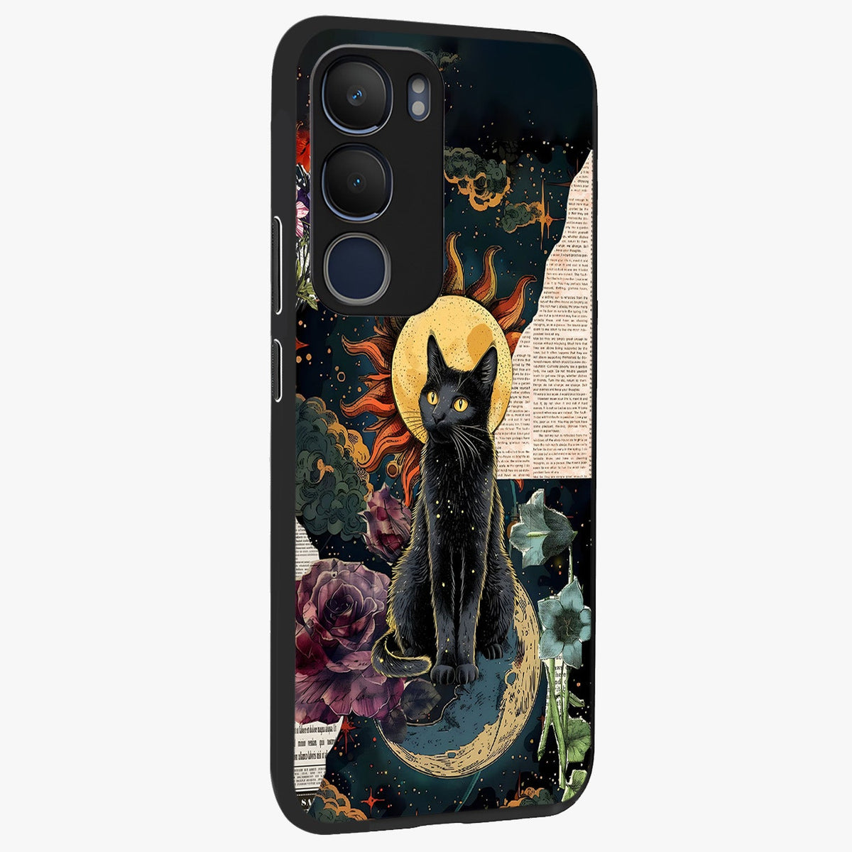 Celestial Black Cat Glass Case upright view showcasing magical black cat illustration with starry cosmic theme.