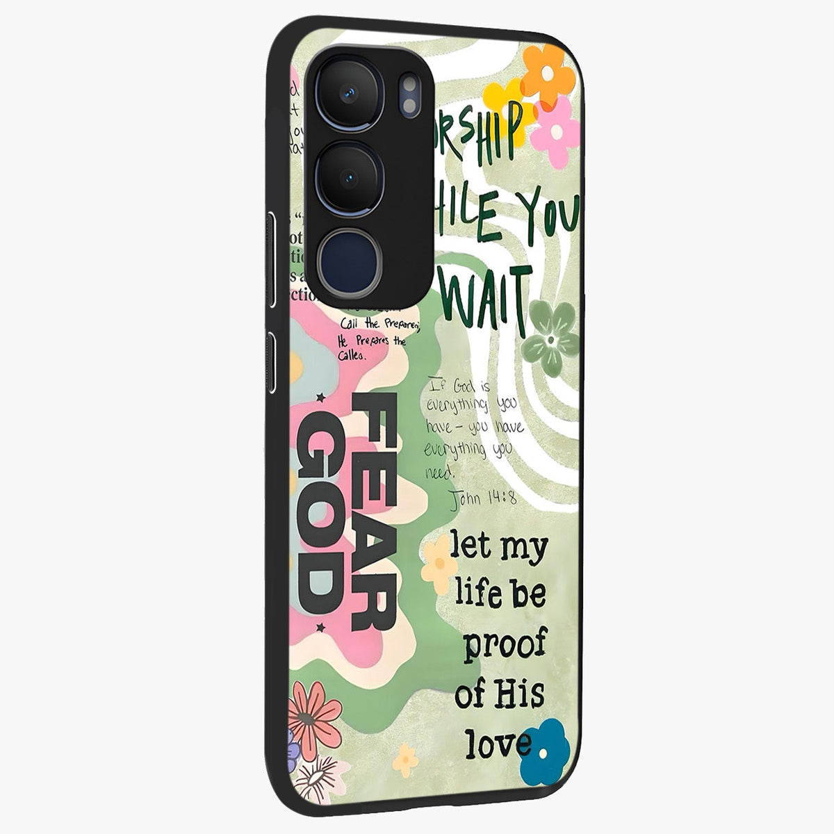 Faith Over Fear Glass Case upright view showcasing bold typography artwork with uplifting motivational theme.
