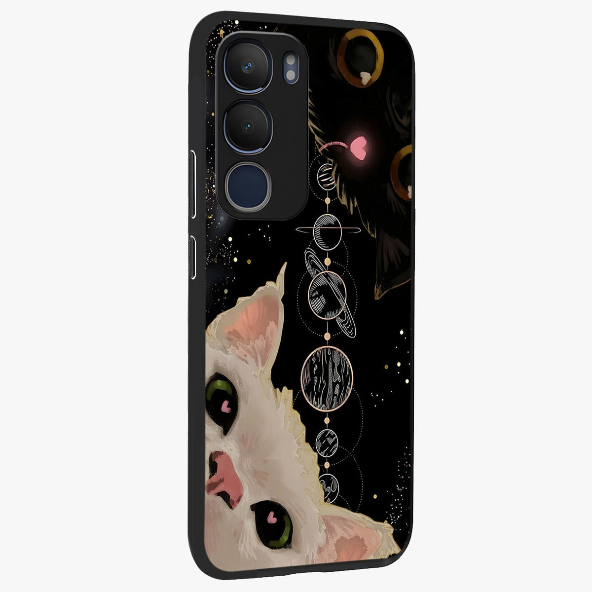 Galactic Cat Glass Case upright view showcasing mystical cat artwork with dreamy cosmic theme.