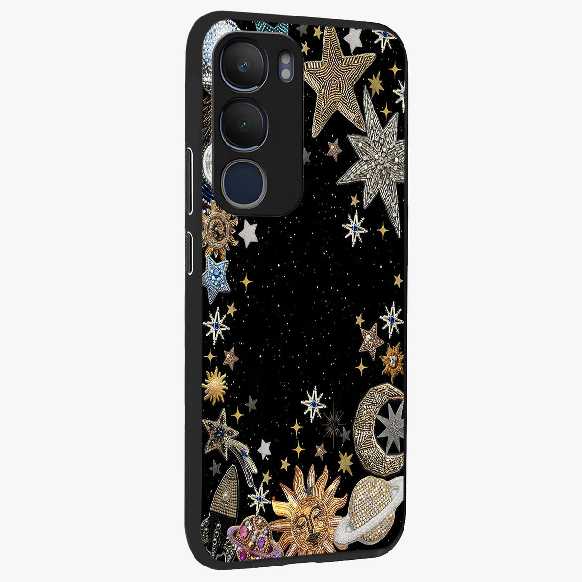 Galactic Jewel Stars Glass Case upright view showcasing glittering star jewel artwork with vibrant galaxy theme.