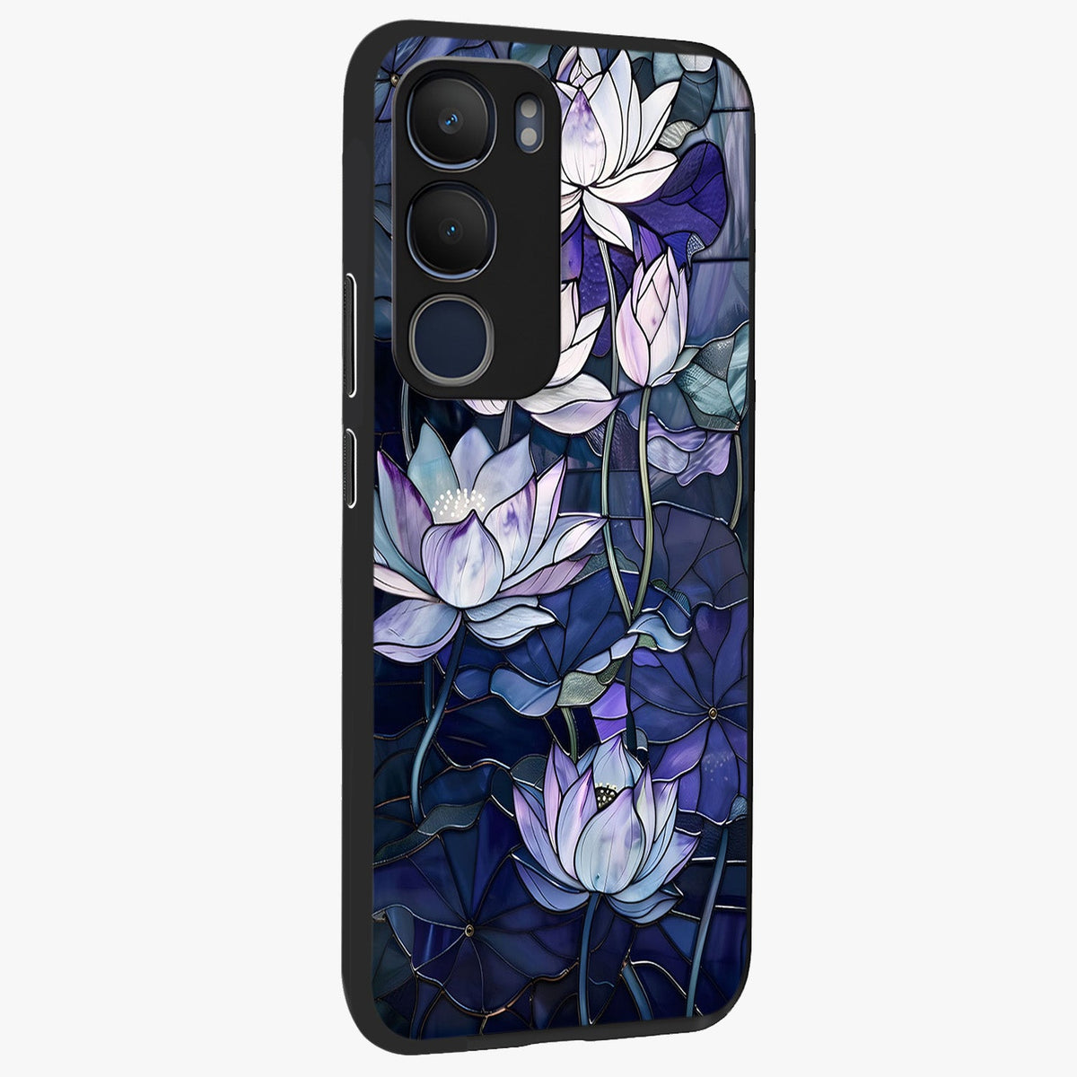 Gloss Petal Rush Glass Case upright view showcasing dynamic floral petal artwork with modern botanical theme.
