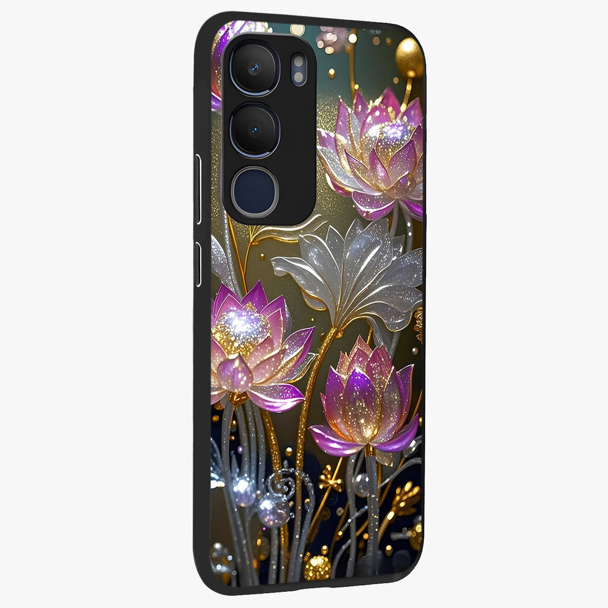 Golden Floral Majesty Glass Case upright view showcasing majestic floral artwork with rich decorative theme.