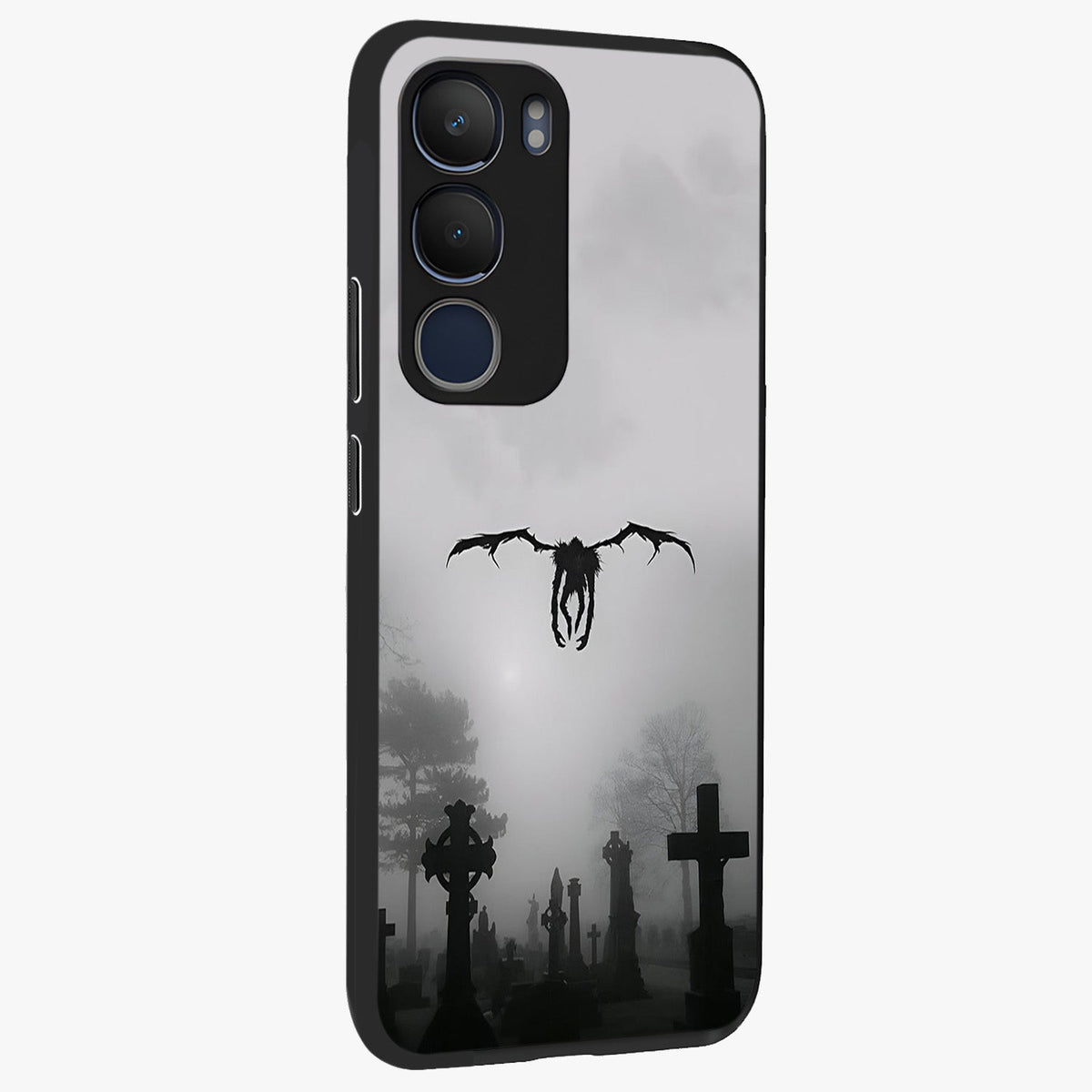 Graveyard Shadow Descent Glass Case upright view showcasing haunting graveyard artwork with dramatic dark theme.