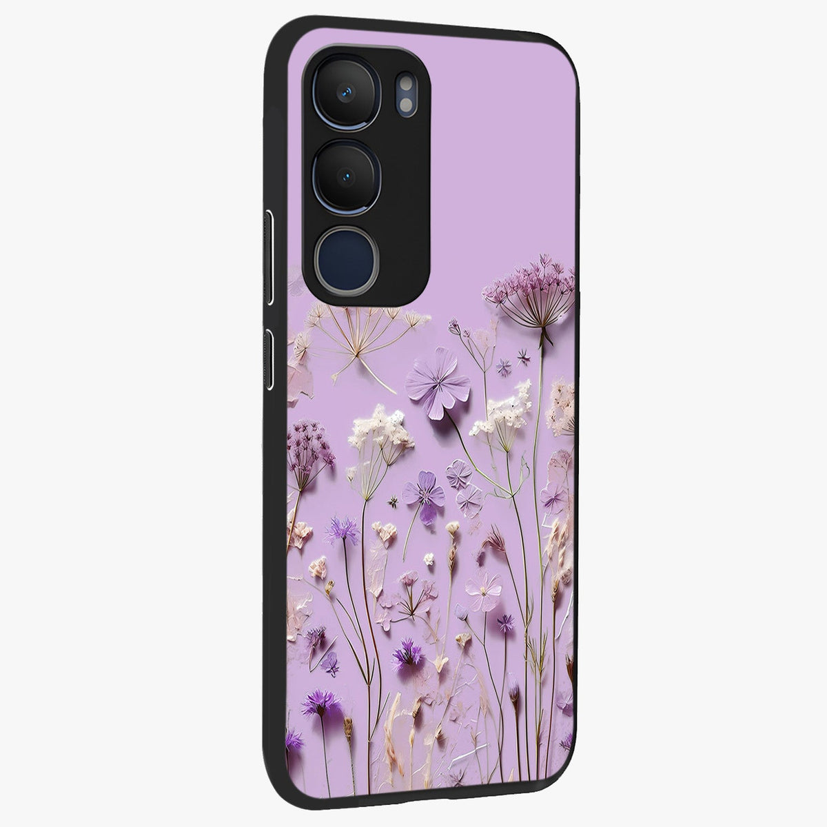 Lavender Blossom Dream Glass Case upright view showcasing delicate lavender blossom artwork with peaceful floral theme.
