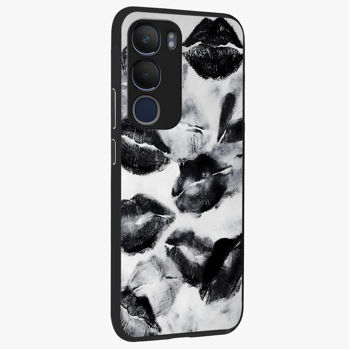 Midnight Kiss Marks Glass Case upright view showcasing stylish kiss mark artwork with trendy romantic theme.
