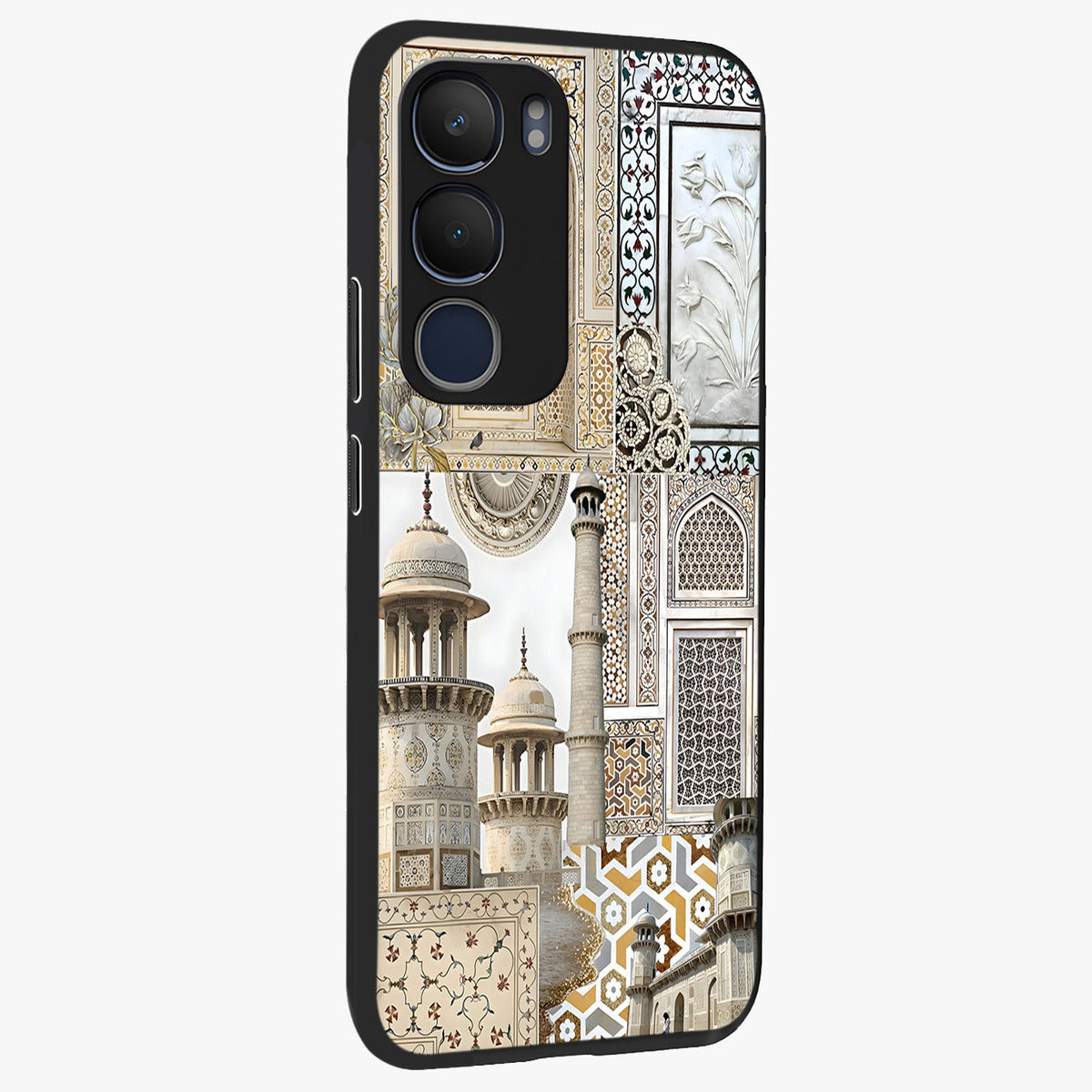 Mughal Marble Legacy Glass Case upright view showcasing ornate Mughal design with luxurious traditional theme.