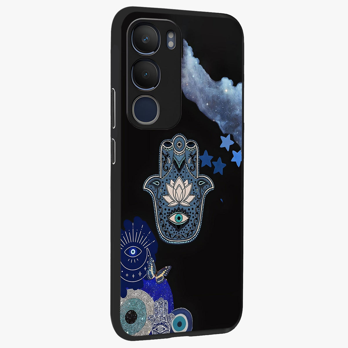 Mystic Hand Aura Glass Case upright view showcasing symbolic hand artwork with mystical energy theme.