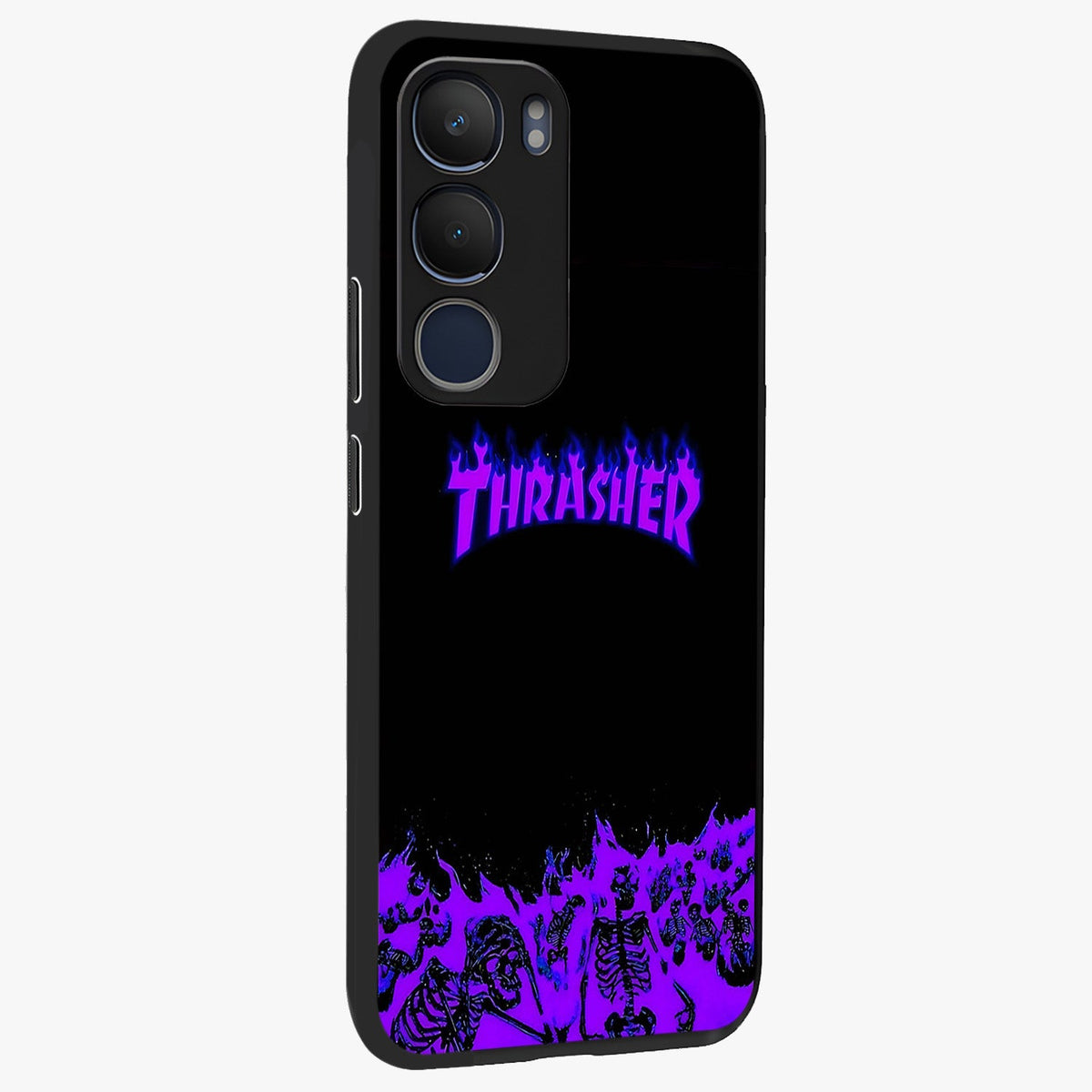 Neon Flame Riot Glass Case upright view showcasing dynamic flame artwork with energetic neon theme.