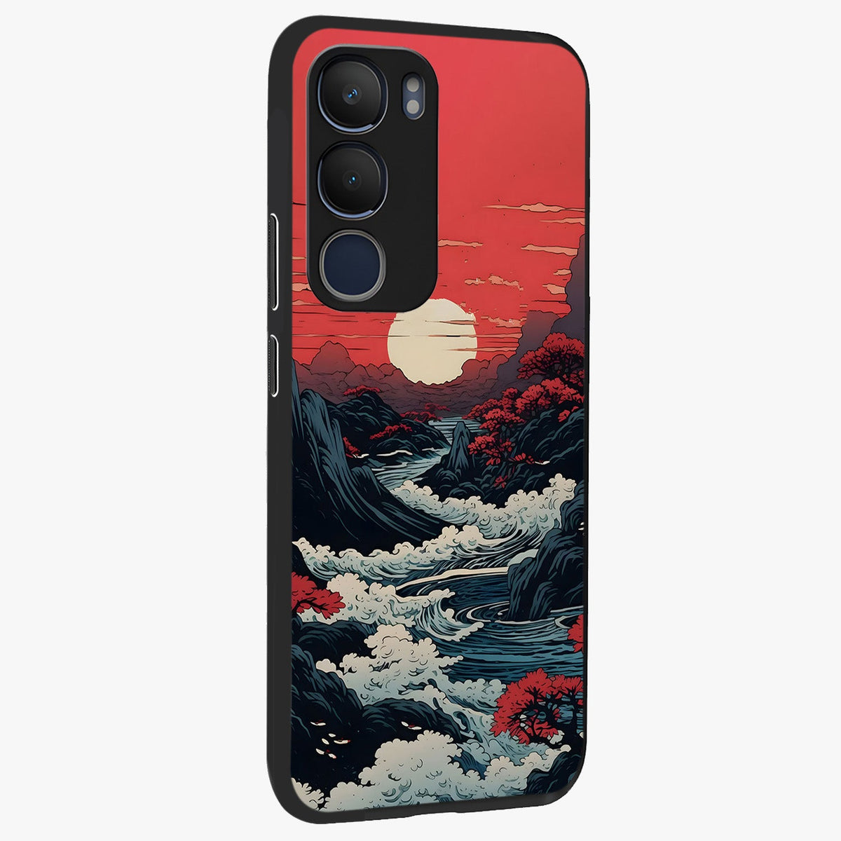 Red Sunset Scenery Glass Case upright view showcasing dramatic sunset scenery artwork with warm nature theme.