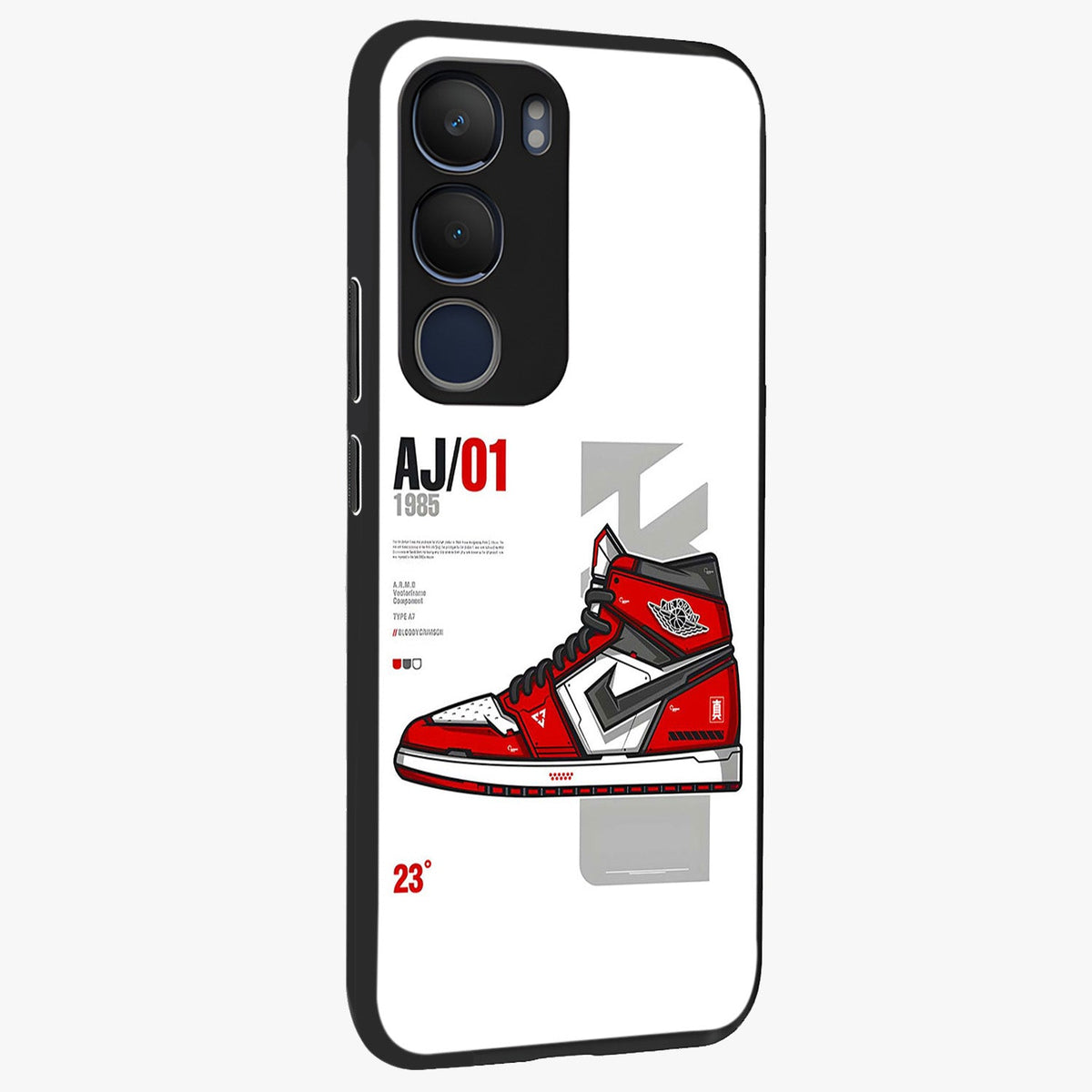 Retro Sneaker Blueprint Glass Case upright view showcasing stylish sneaker illustration with vintage streetwear theme.