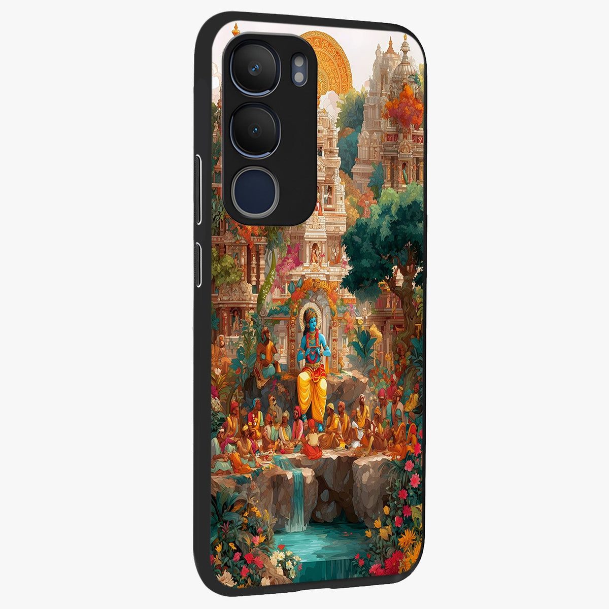 Sacred Sunlight Gods Glass Case upright view showcasing glowing divine artwork with sacred mythological theme.