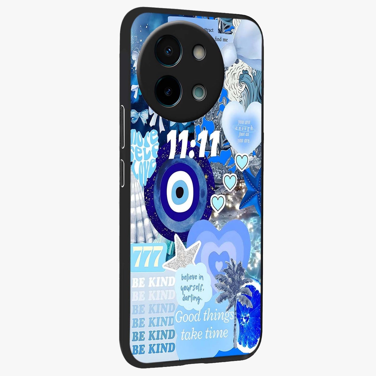 Aesthetic Be Kind Eye Glass Case upright view showcasing stylish eye illustration with positive message theme.