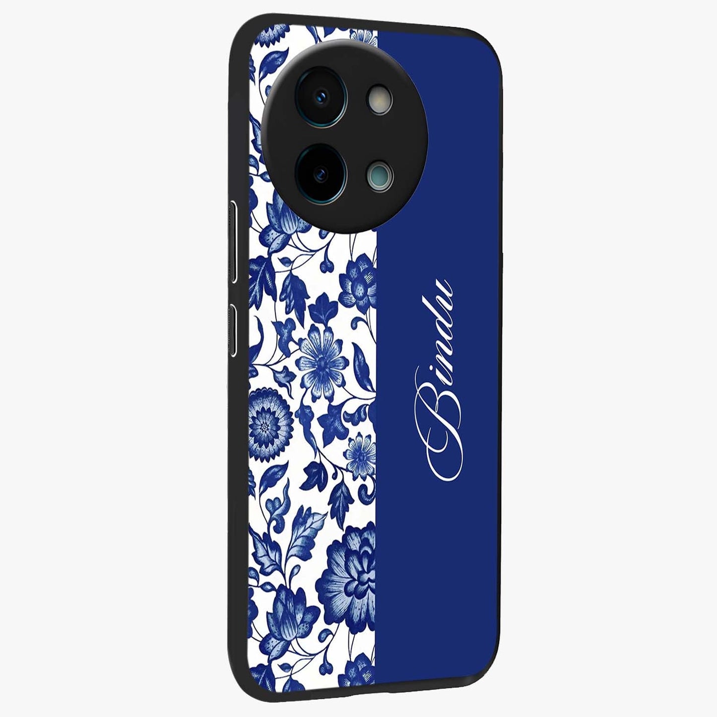 Blue Vintage Floral Pattern Glass Case upright view showcasing delicate blush floral texture with modern minimal style.