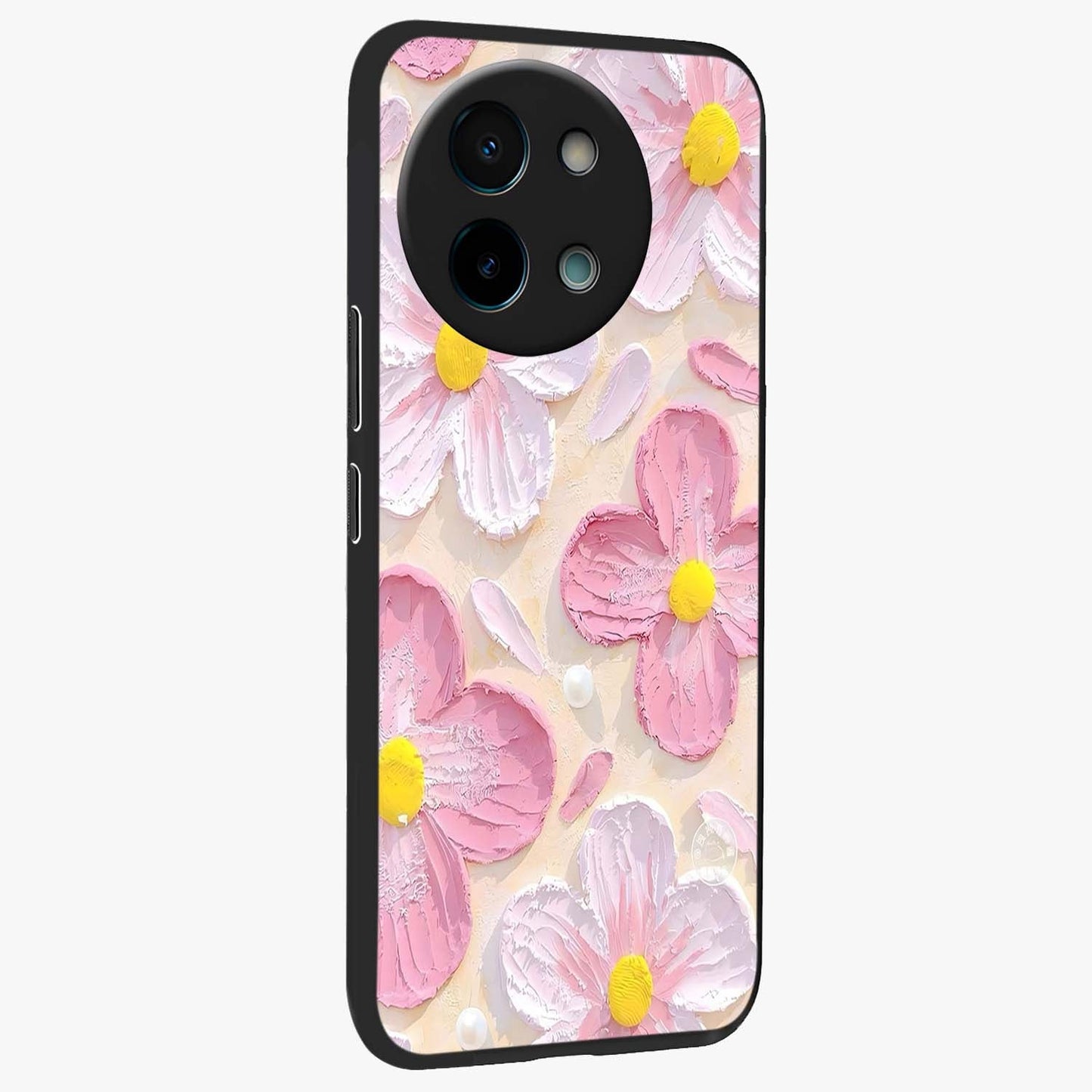 Blush Bloom Texture Glass Case upright view showcasing delicate blush floral texture with modern minimal style.