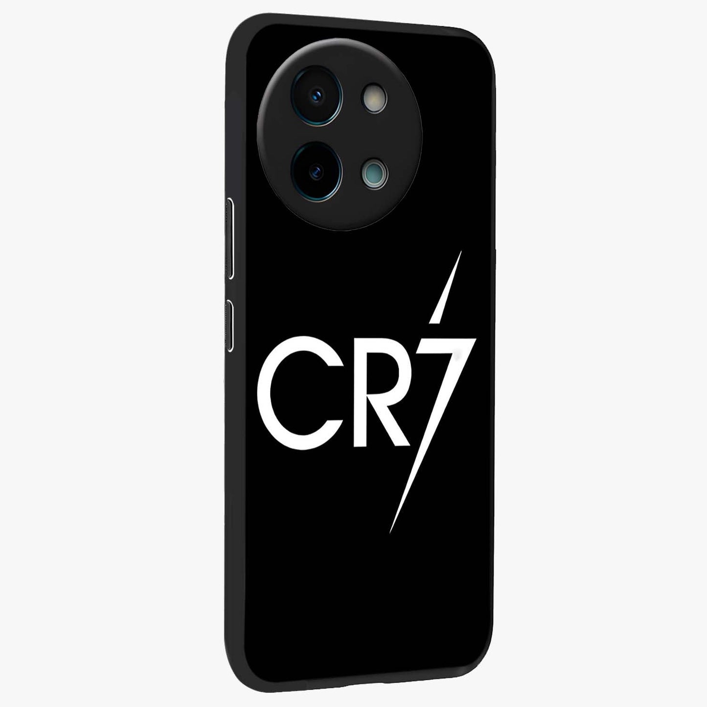 Cr7 Elite Strike Glass Case upright view showcasing energetic football inspired design with modern sports aesthetic.