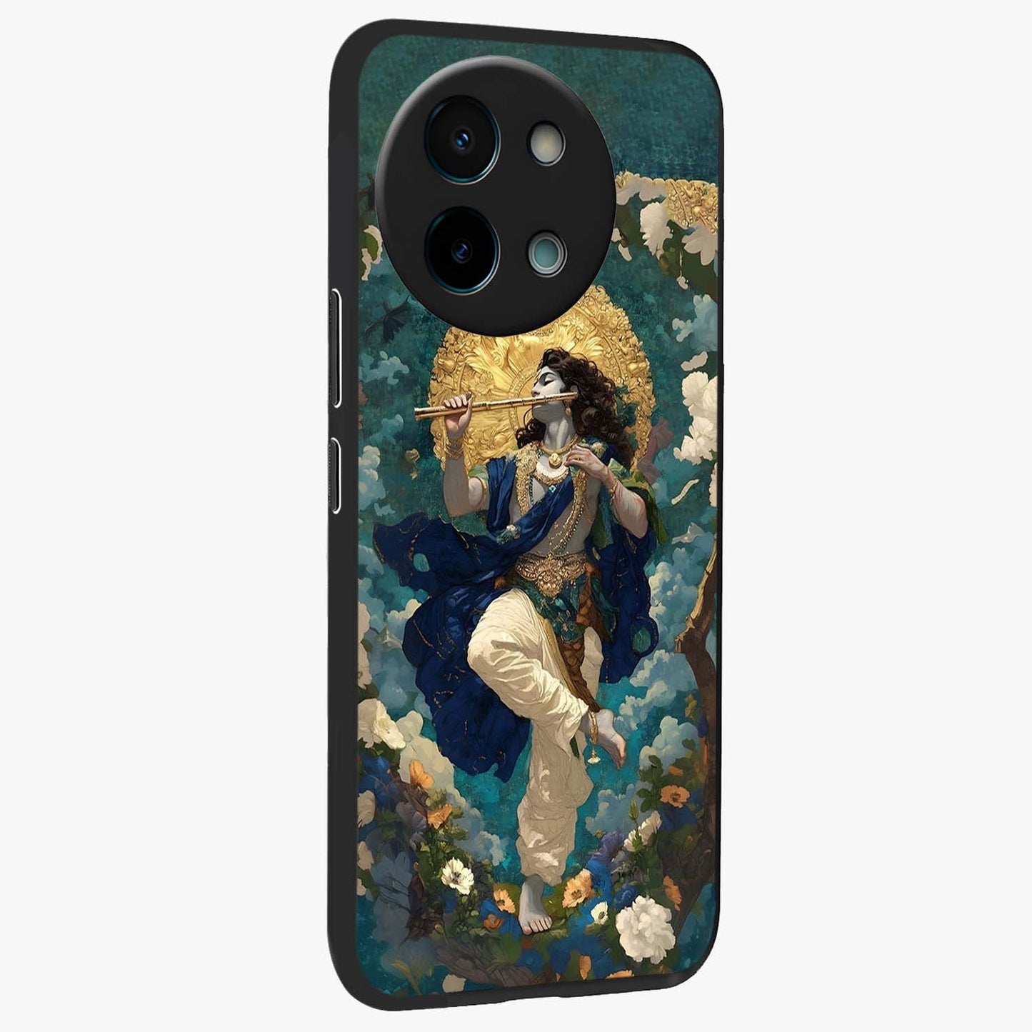 Divine Krishna Art Glass Case upright view showcasing divine Krishna artwork with sacred artistic theme.