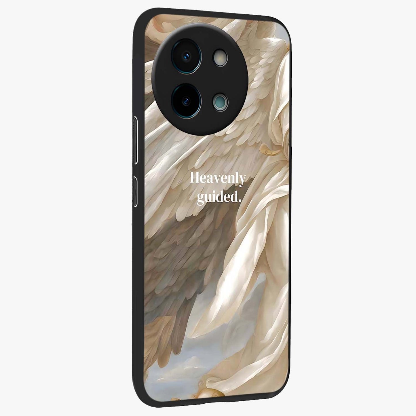 Divine Winged Grace Glass Case upright view showcasing spiritual wing artwork with soft celestial theme.