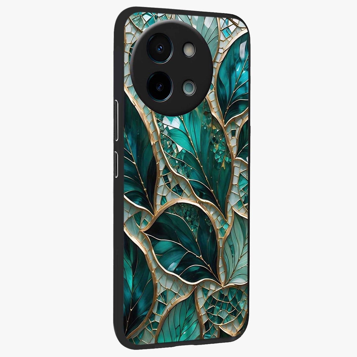 Emerald Leaf Glass Glass Case upright view showcasing fresh green leaf artwork with calming nature inspired style.