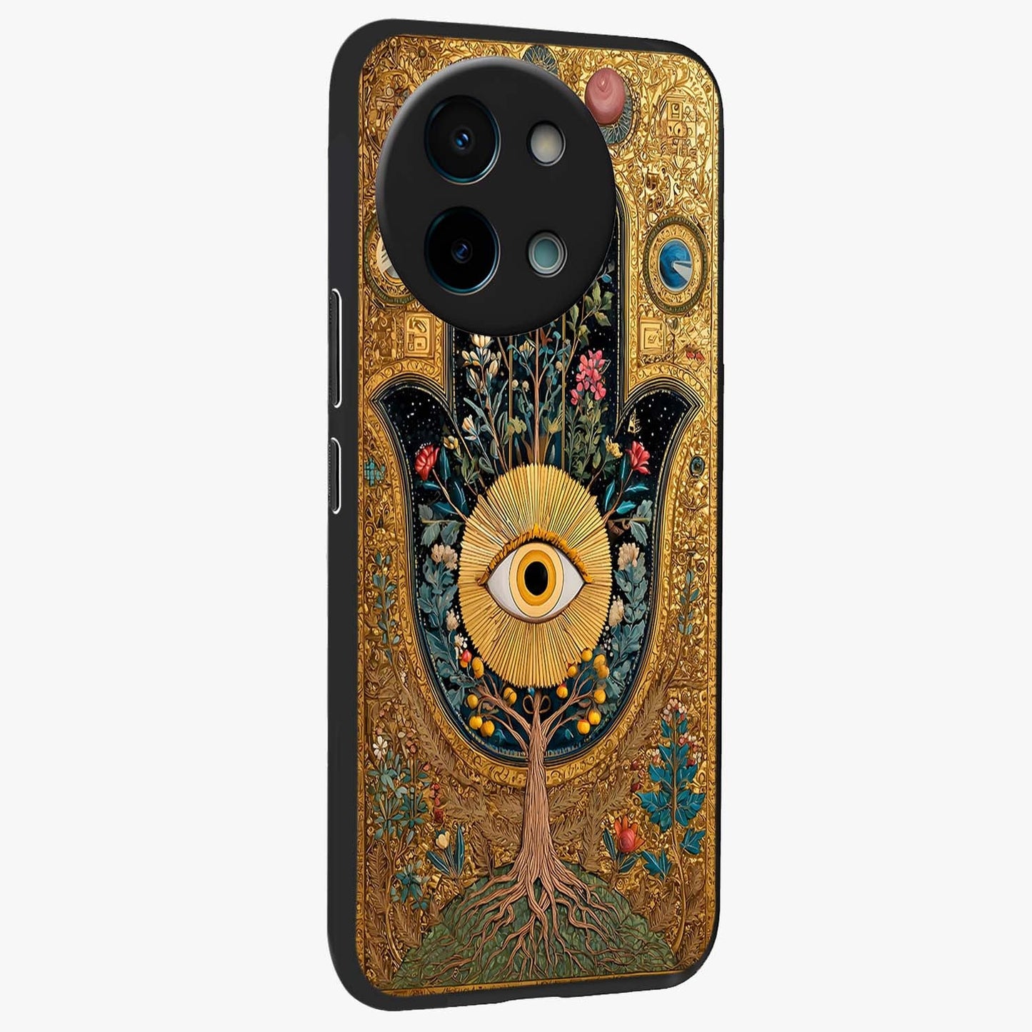 Ethereal Evil Eye Glass Case upright view showcasing celestial evil eye artwork with mystical theme.