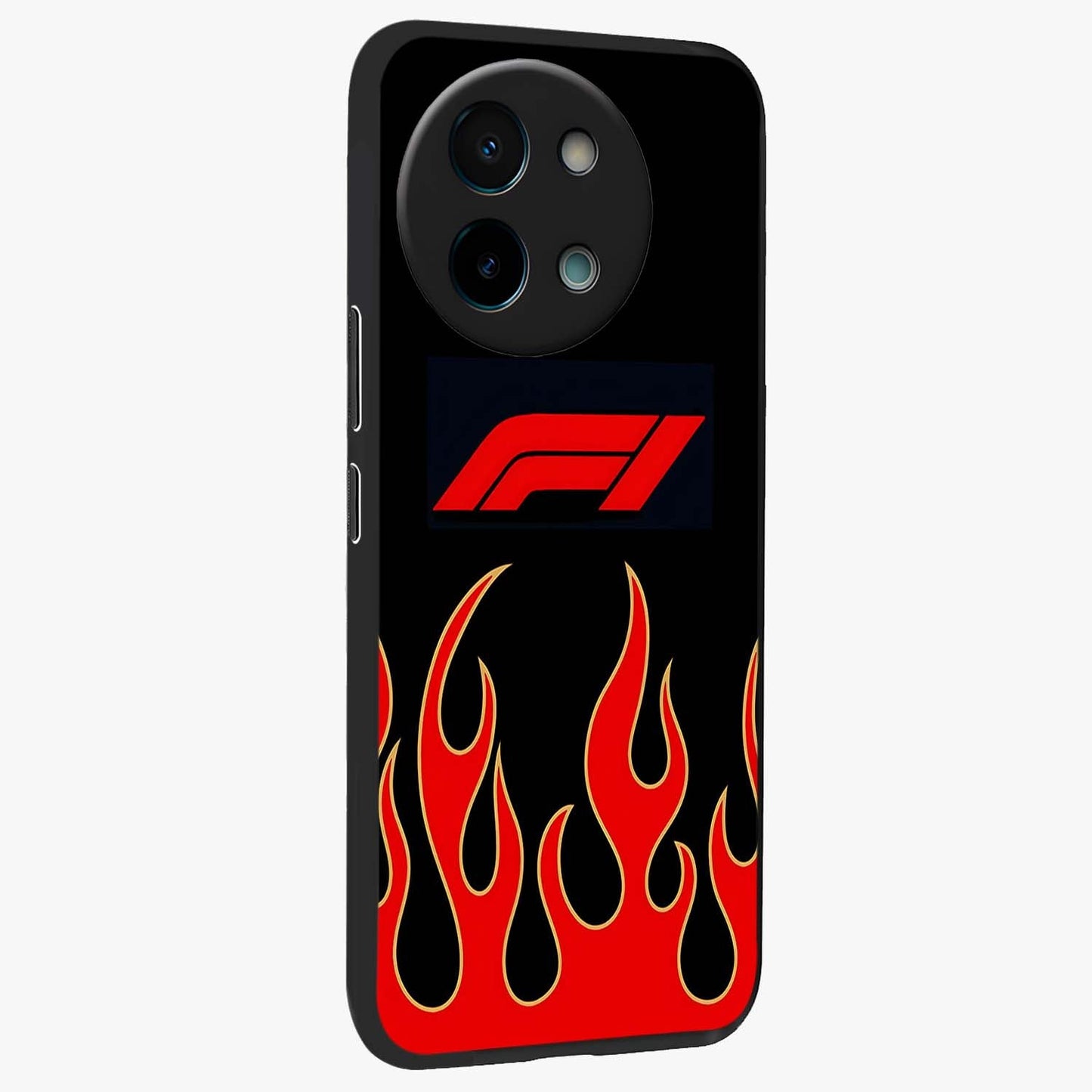 Fire F11 Glass Case upright view showcasing dynamic flame artwork with intense visual theme.