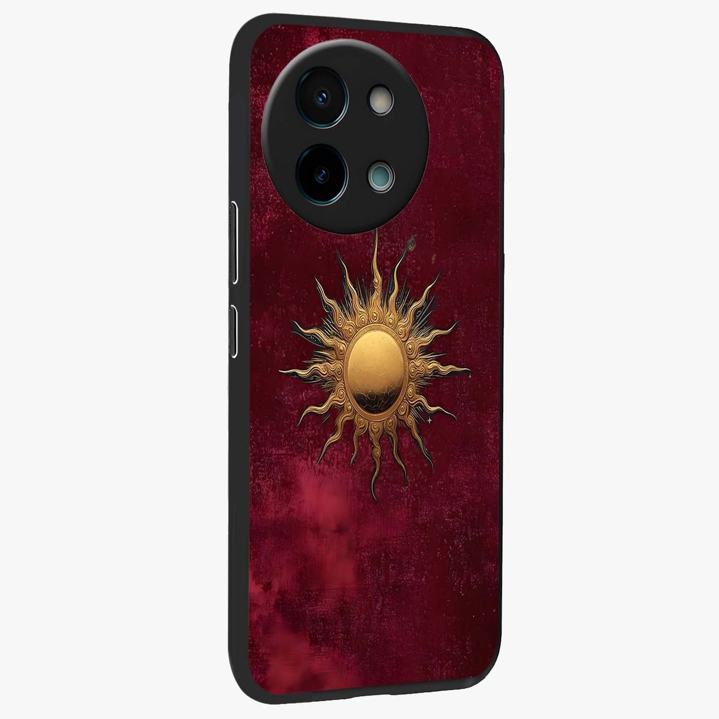 Golden Sun Minimalism Glass Case upright view showcasing simple golden sun artwork with elegant minimalist style.