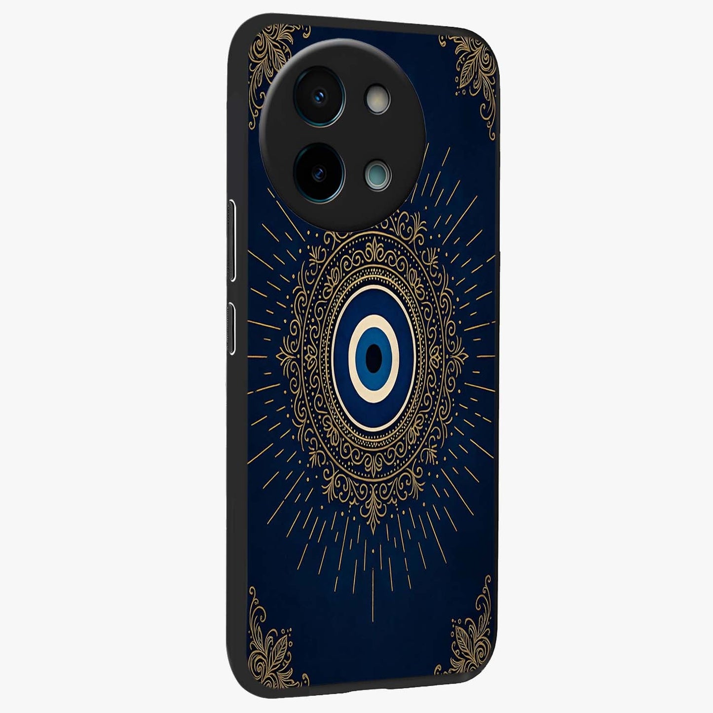 Golden Celestial Charm Glass Case upright view showcasing radiant celestial artwork with elegant golden theme.