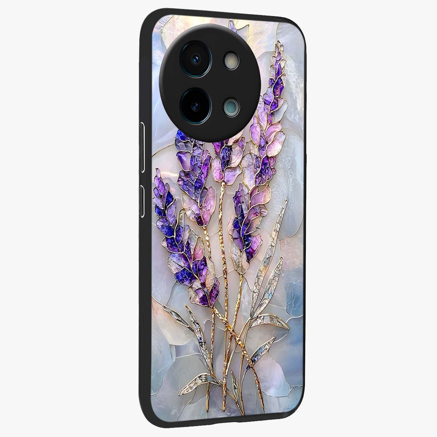 Lavender Dream Glow Glass Case upright view showcasing radiant lavender glow artwork with calming dreamy theme.