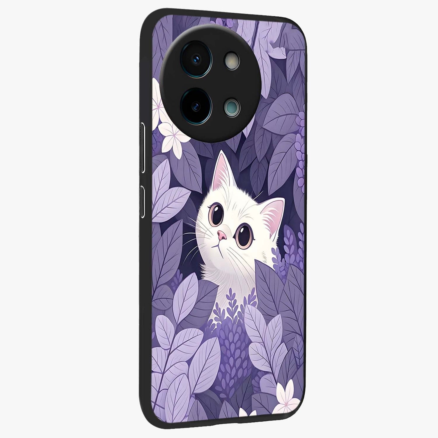 Lilac Hide Peek Cat Glass Case upright view showcasing charming cat artwork with adorable peek theme.