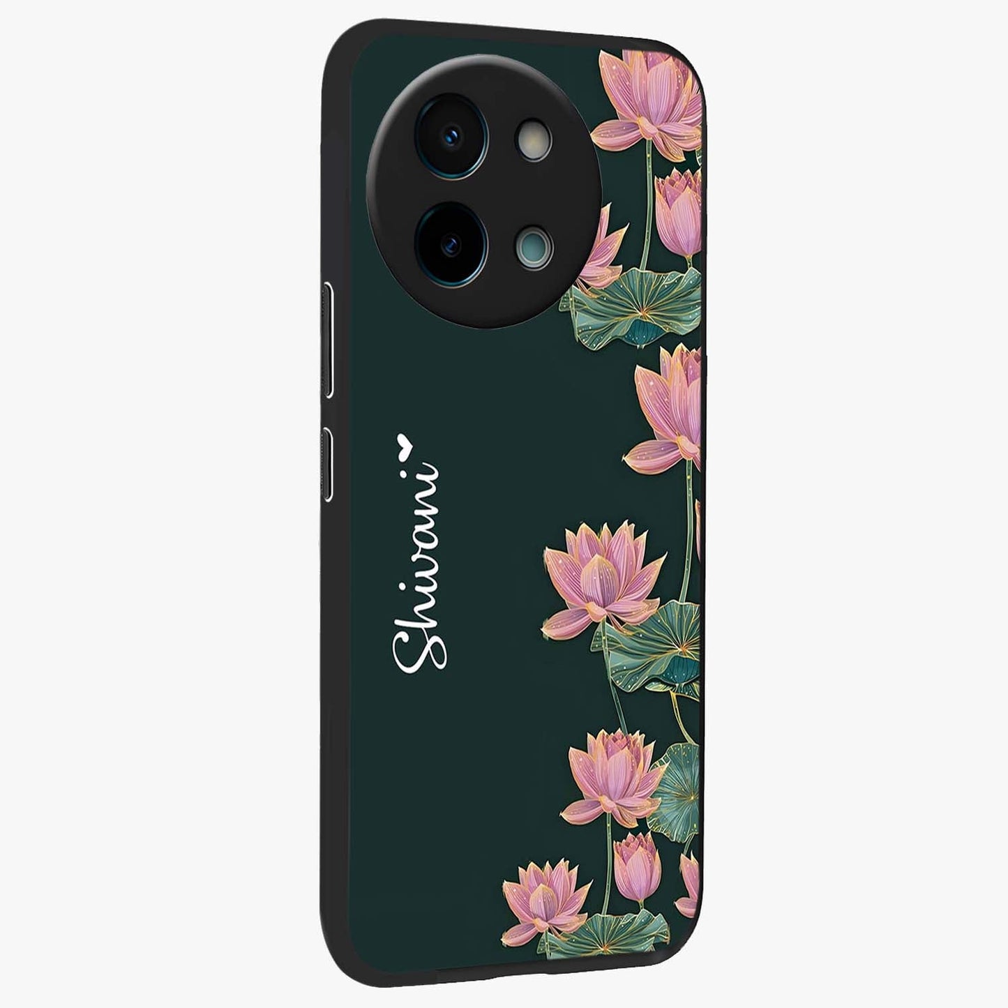 Lotus Bloom Serenity Custom Name Glass Case upright view showcasing serene lotus bloom artwork with personalized floral aesthetic.