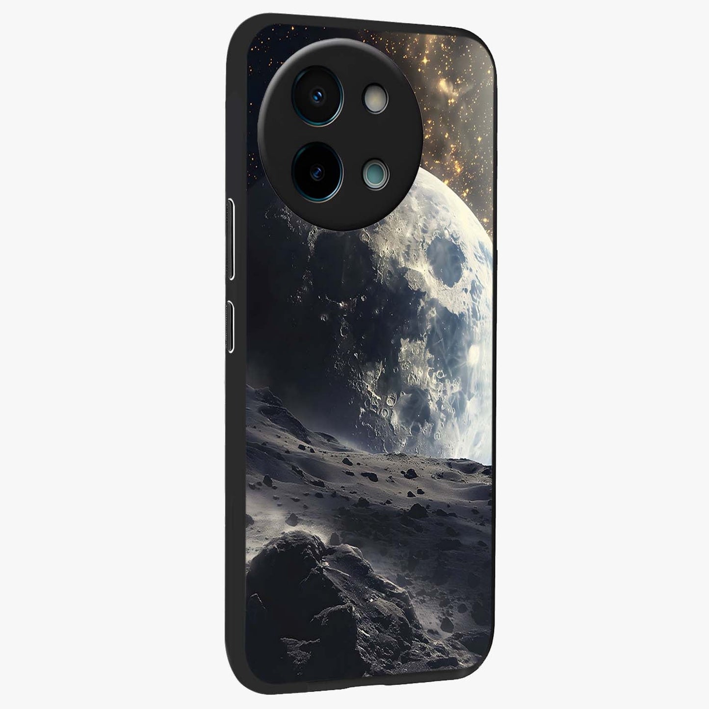 Lunar Horizon Glow Glass Case upright view showcasing radiant lunar artwork with calm cosmic theme.