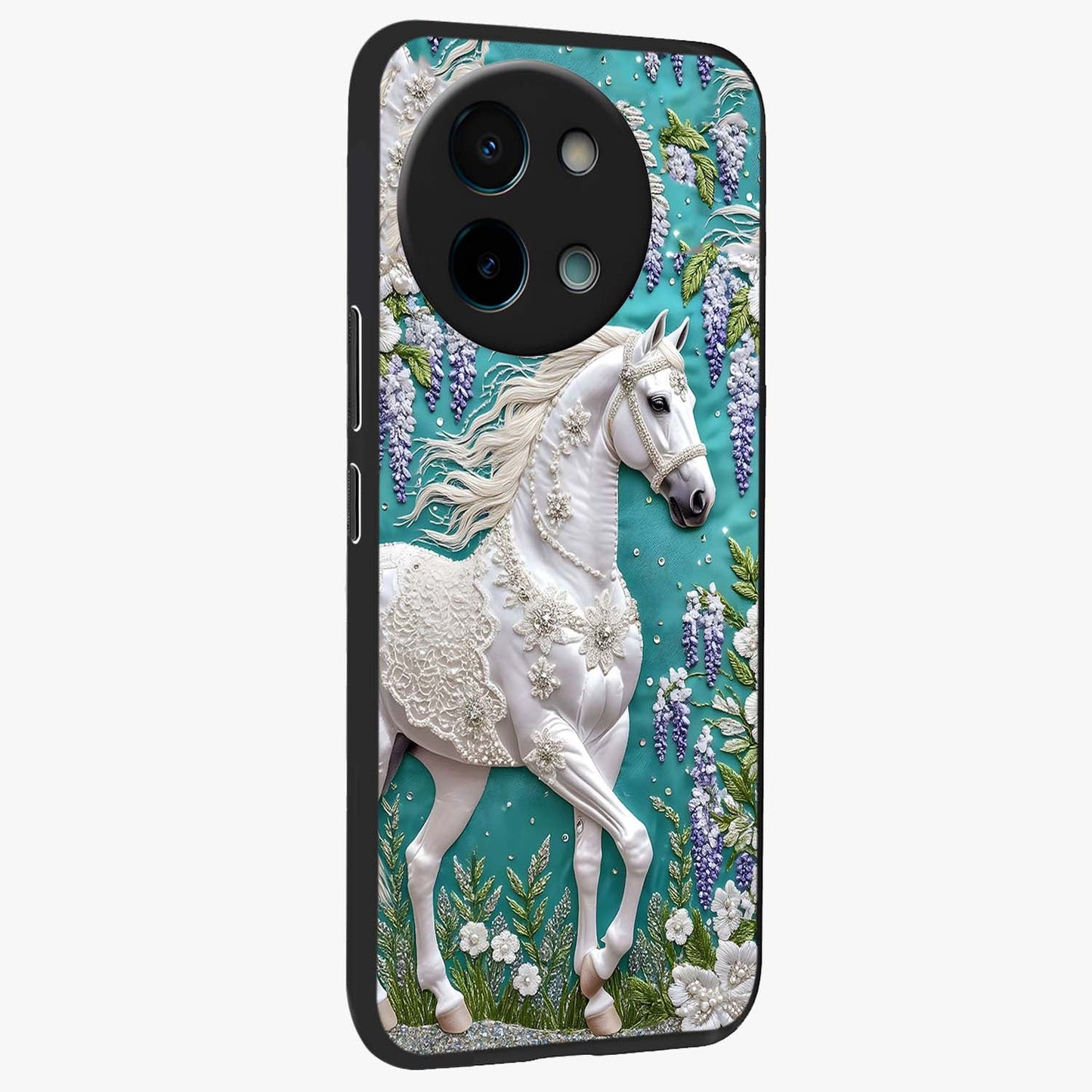 Majestic Floral Stallion Glass Case upright view showcasing dramatic horse artwork with decorative floral theme.