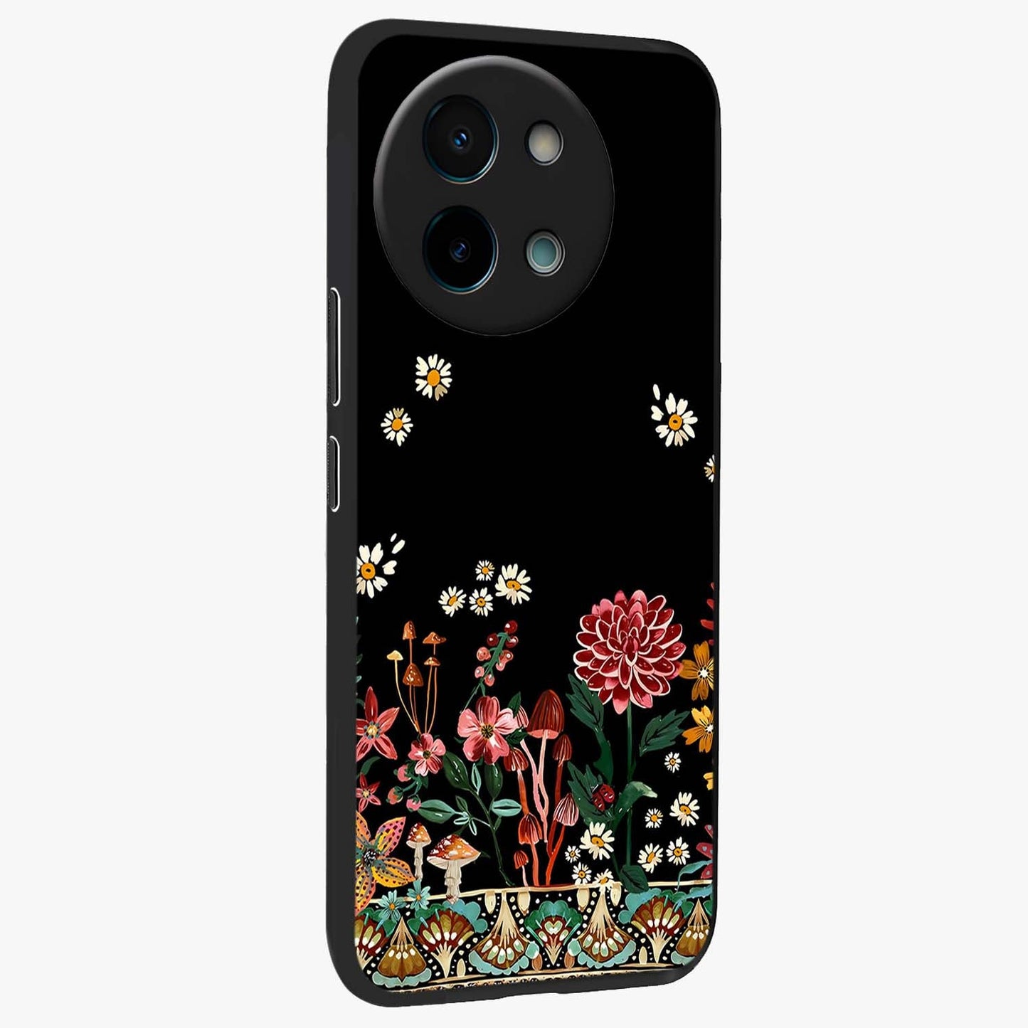 Midnight Bloom Pattern Glass Case upright view showcasing decorative floral artwork with deep night themed palette.