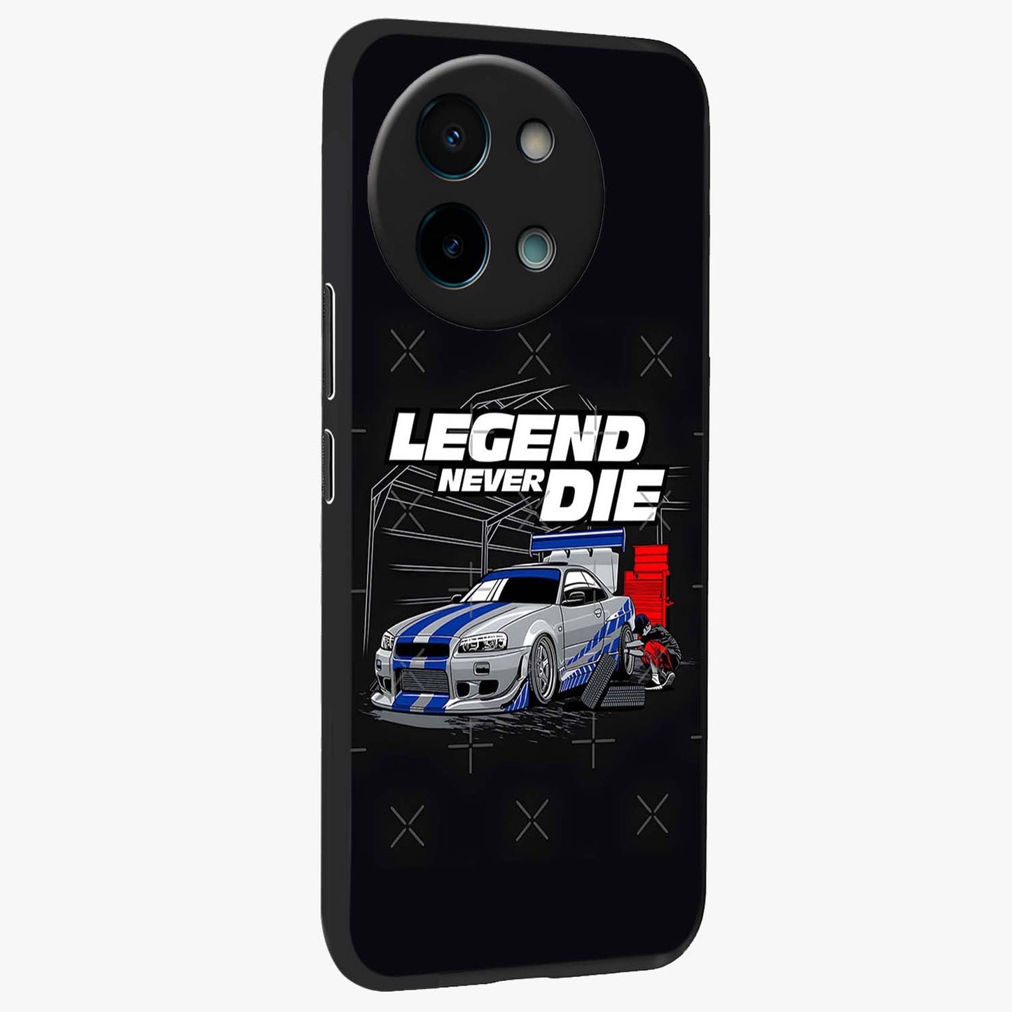 Midnight Racing Legacy Glass Case upright view showcasing powerful racing artwork with modern sports theme.