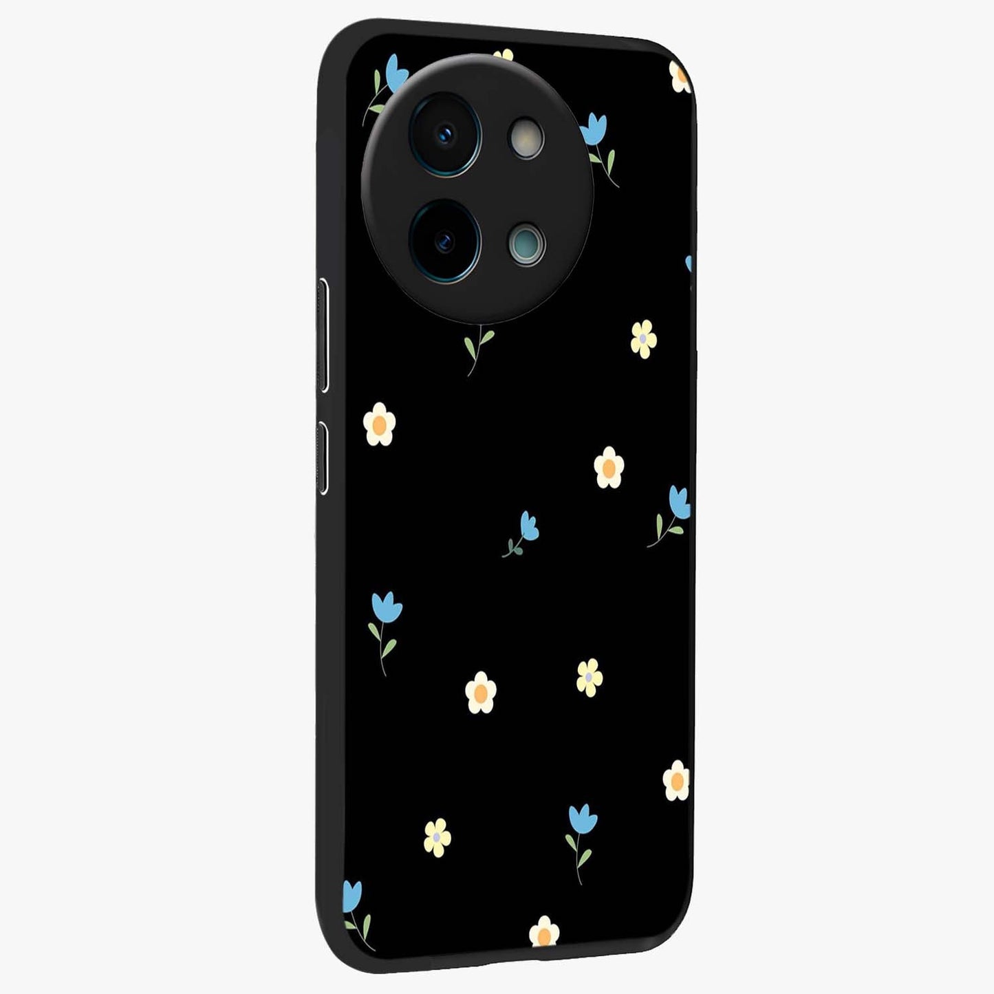 Minimal Petal Whispers Glass Case upright view showcasing elegant floral artwork with modern minimalist style.