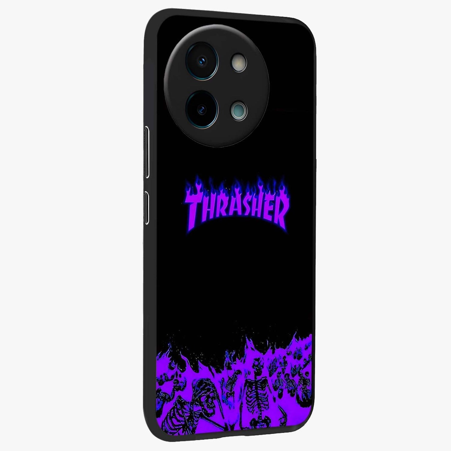 Neon Flame Riot Glass Case upright view showcasing dynamic flame artwork with energetic neon theme.