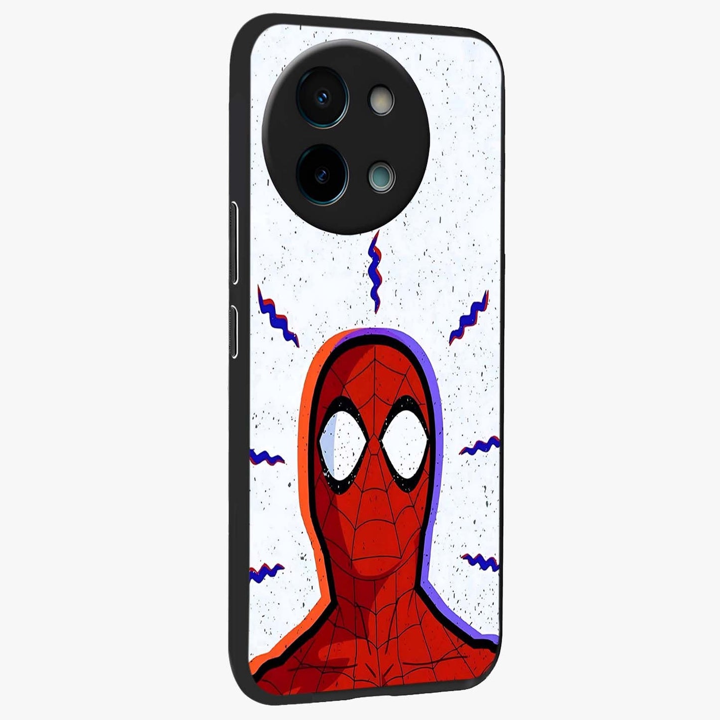 Omg Spiderman Glass Case upright view showcasing energetic superhero artwork with vibrant comic theme.
