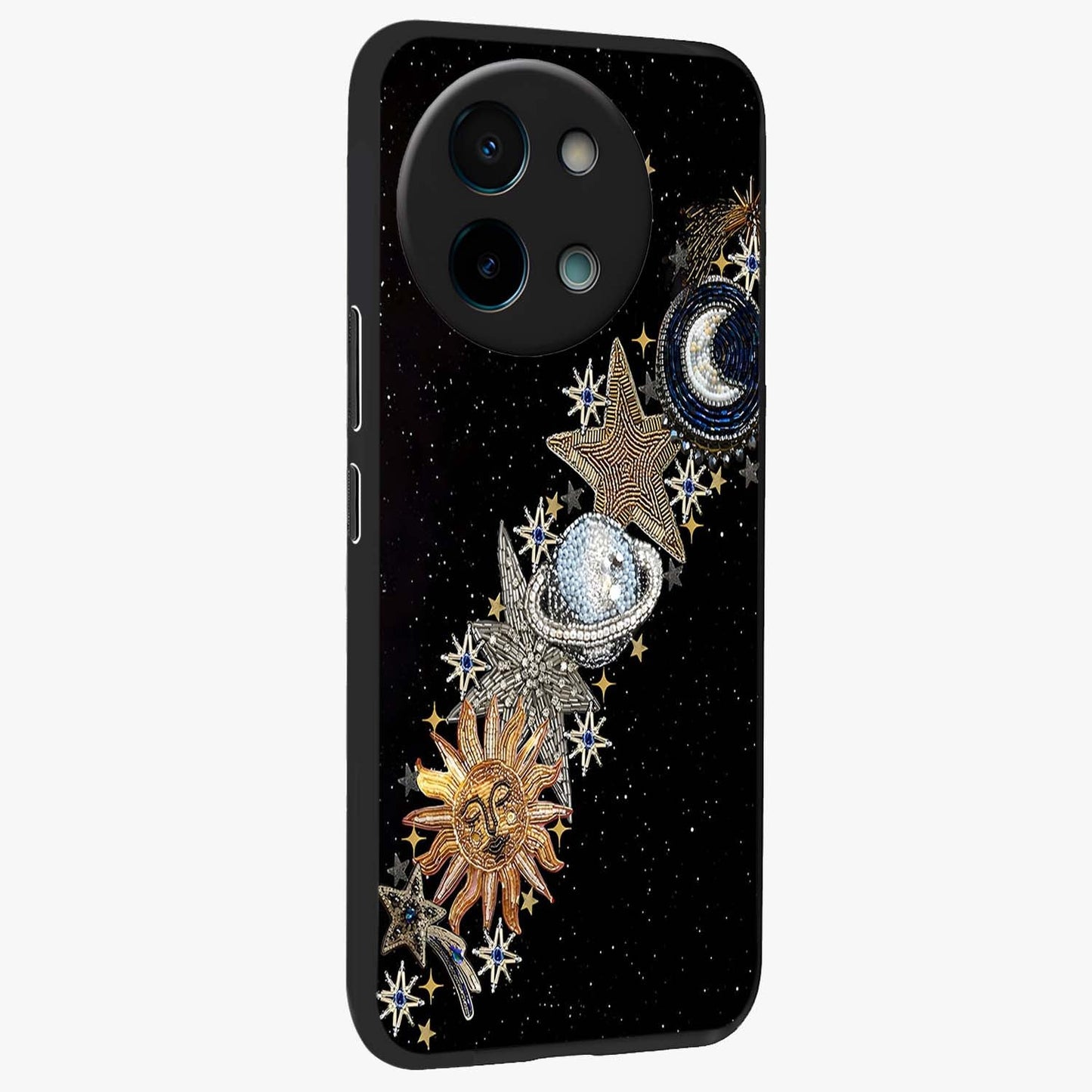 Pearls Universe Object Glass Case upright view showcasing decorative pearl themed artwork with cosmic elegance.